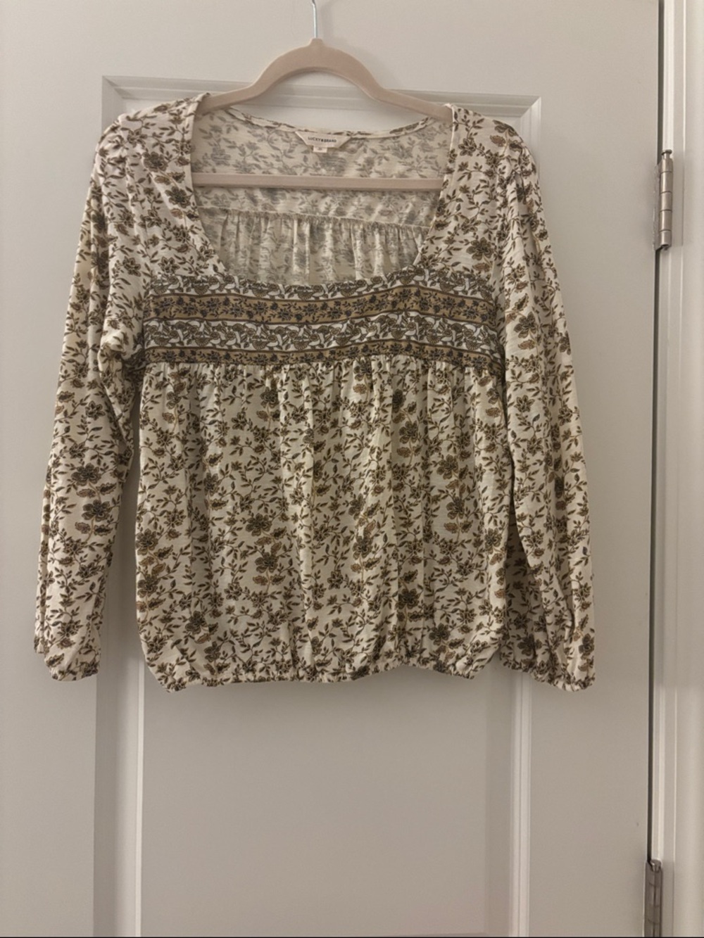 Lucky Brand Cream Floral Smocked Peasant Top